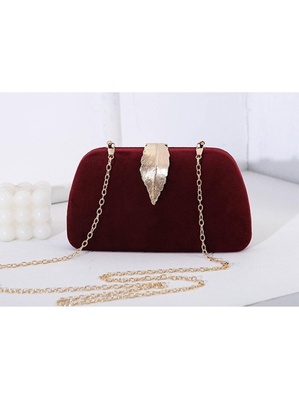 Women's Wine Red Elegant Clutch Purse Metallic Leaves Clasp Banquet Evening Bag - Picture 3 of 6